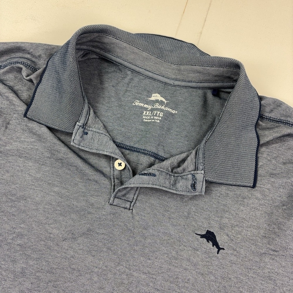 Tommy Bahama Polo Shirt Mens 2XL Blue Solid Jersey Marlin Logo Short Sleeve
